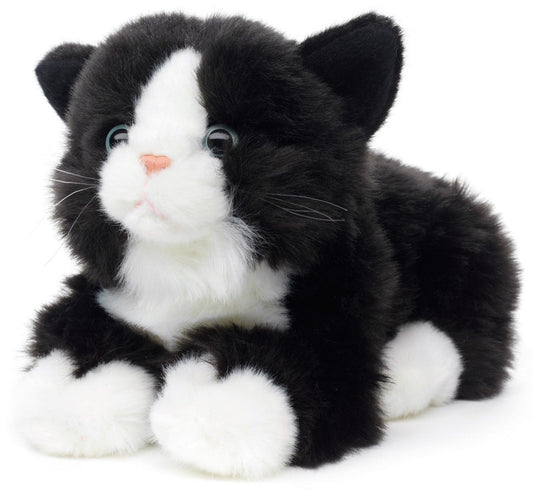 Katze mit Stimme, liegend (schwarz-weiß) - 20 cm (Länge) - Unitoys - Kuscheltier - Haustier-  recyceltes Plüsch - GPRS