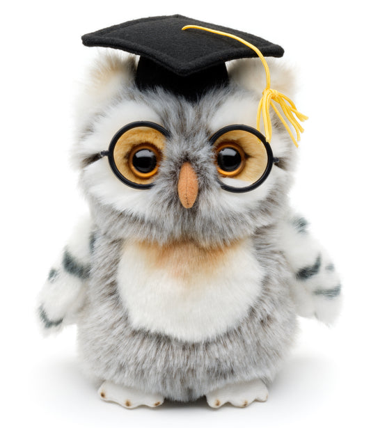 Eule (grau-weiß) mit Doktorhut und Brille - 18 cm - Unitoys - Kuscheltier - Eule